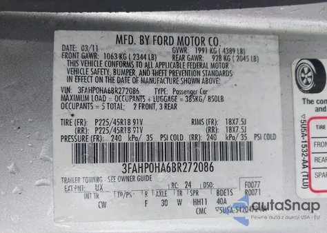 2011 Ford Fusion Se из США, поврежденный, VIN 3FAHP0HA6BR272086